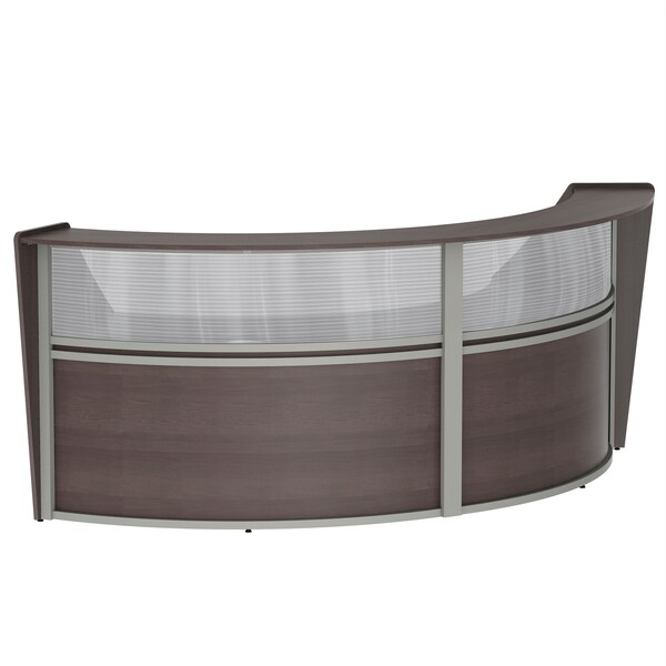 Curved Reception Desk 2 Units, Clear Panel, 124 inW x 49 inD, Mocha